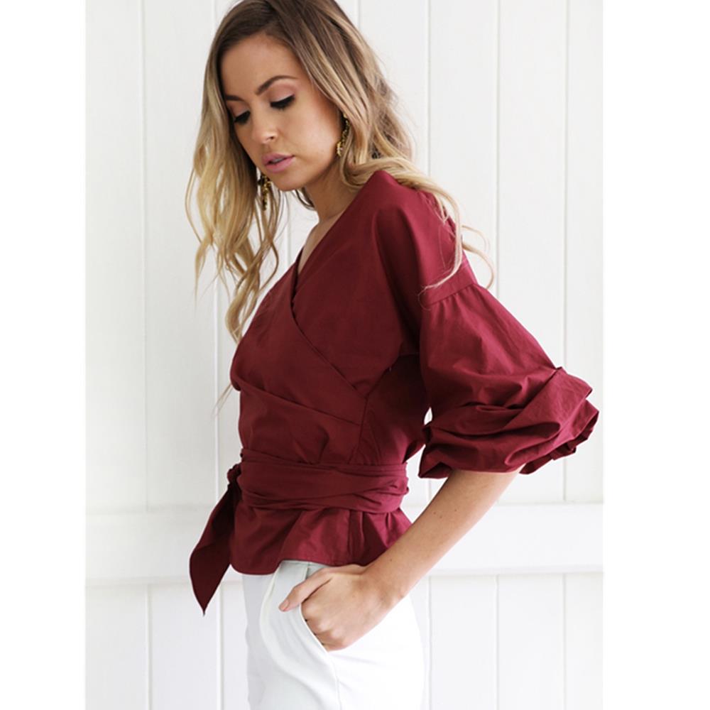 Women Sexy Strapless V-neck Cross Straps Blouse Shirt Women Summer Autumn Clothing Size L - Burgundy Red