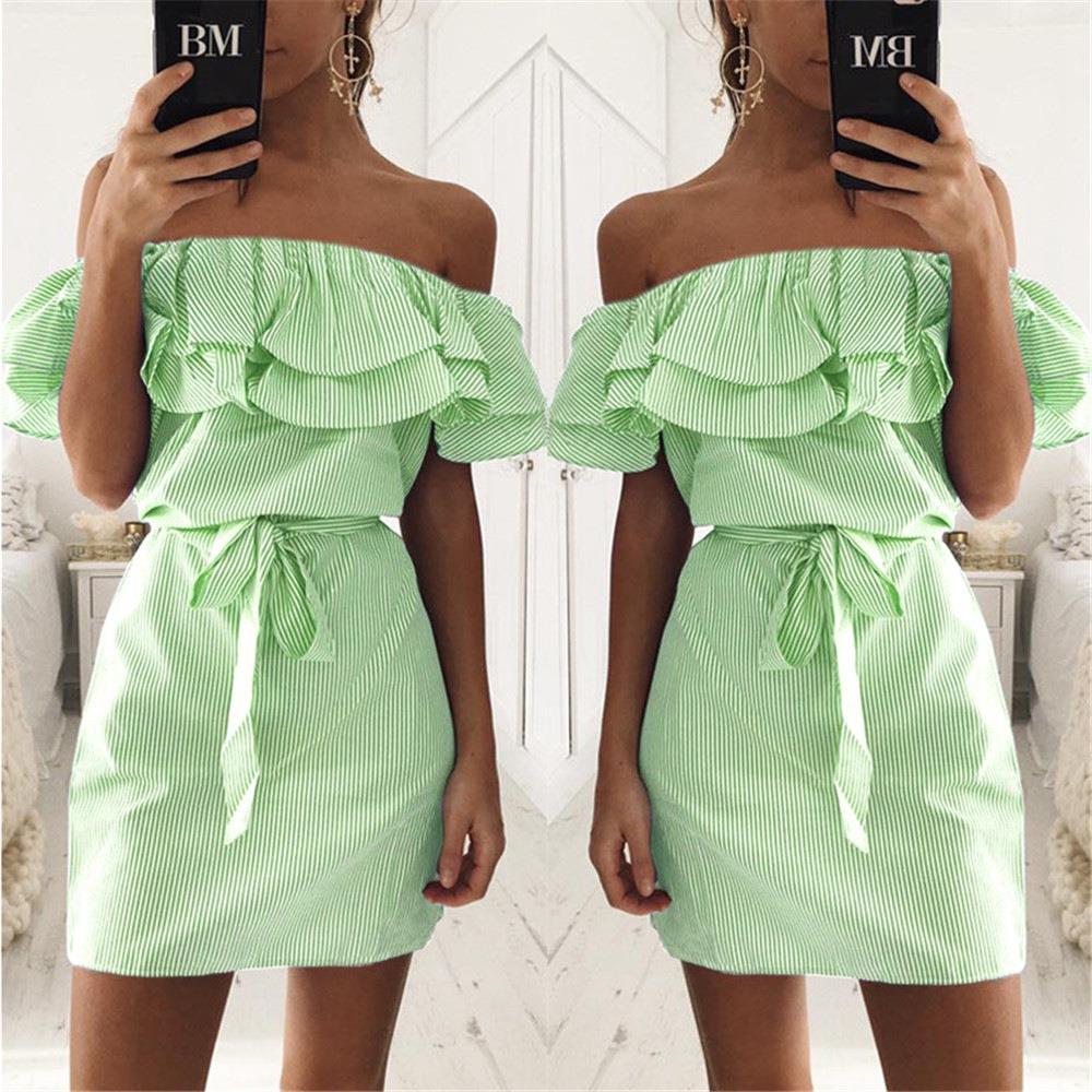 Women's Fashion Summer Sexy Off Shoulder Ruffle Stripe Printed Dress Size XXL - Green