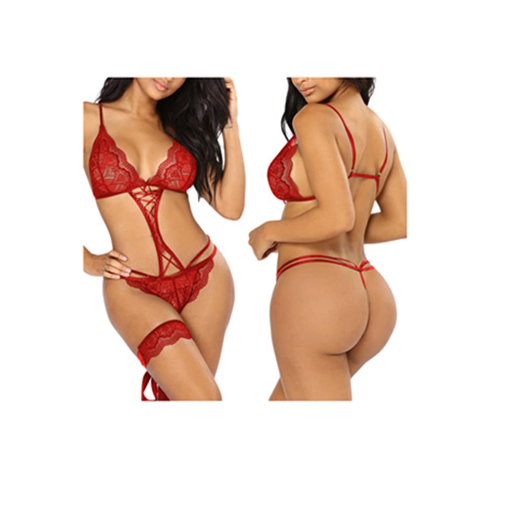 Women's Sexy Fashion Comfortable Lingerie Scalloped Lace Ribbon Detail Teddy Lingerie Size M - Red