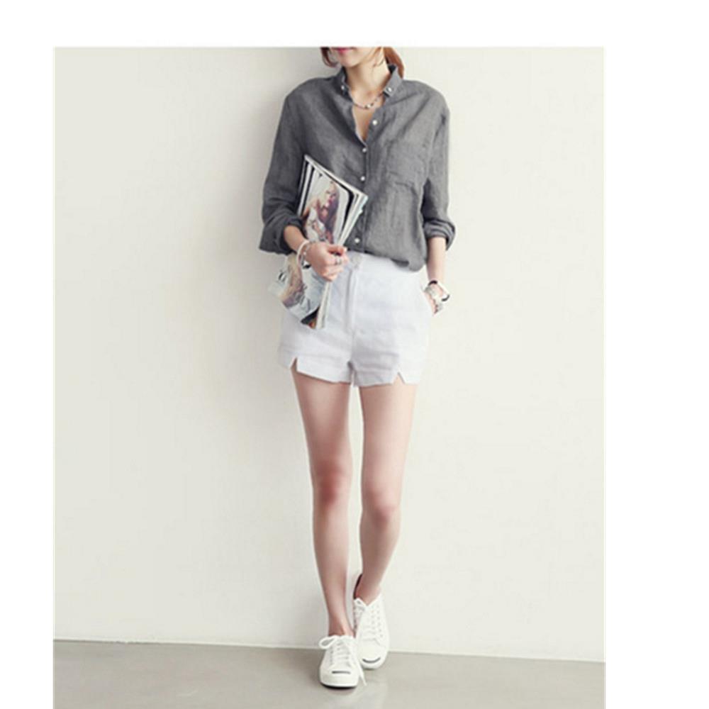 New Fashion Women Cotton Long Sleeved Solid Casual Loose Shirt Size M - Gray