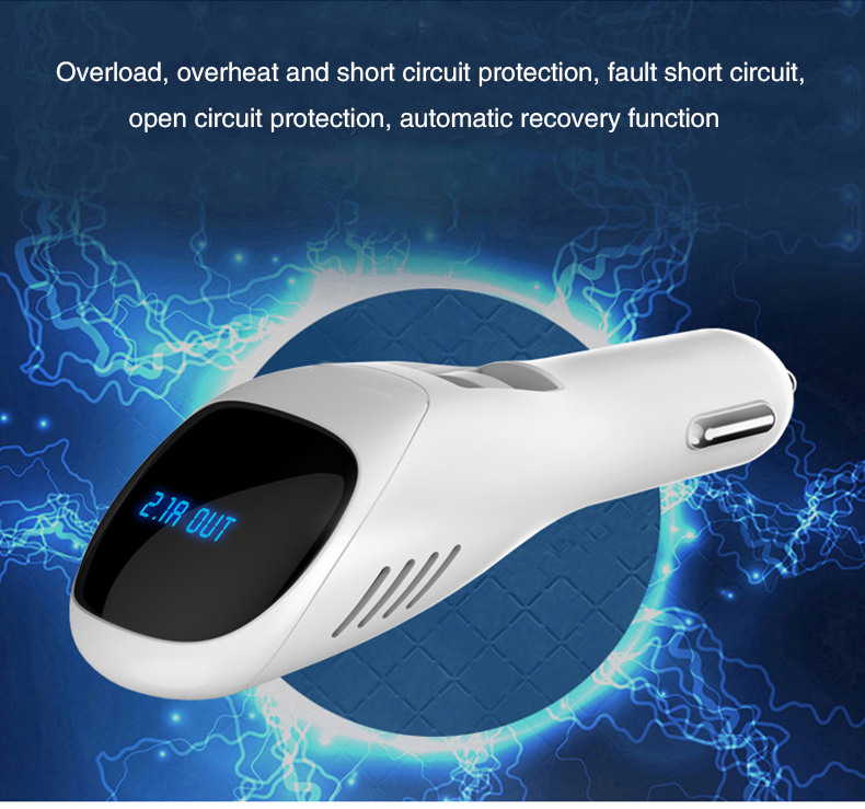 S90B Car Anion Air Purifier Dual USB Ports Car Charger LCD Real-time Voltage Screen Cleaner Ionizer Improve The Air Quality - White