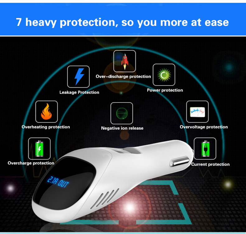 S90B Car Anion Air Purifier Dual USB Ports Car Charger LCD Real-time Voltage Screen Cleaner Ionizer Improve The Air Quality - White