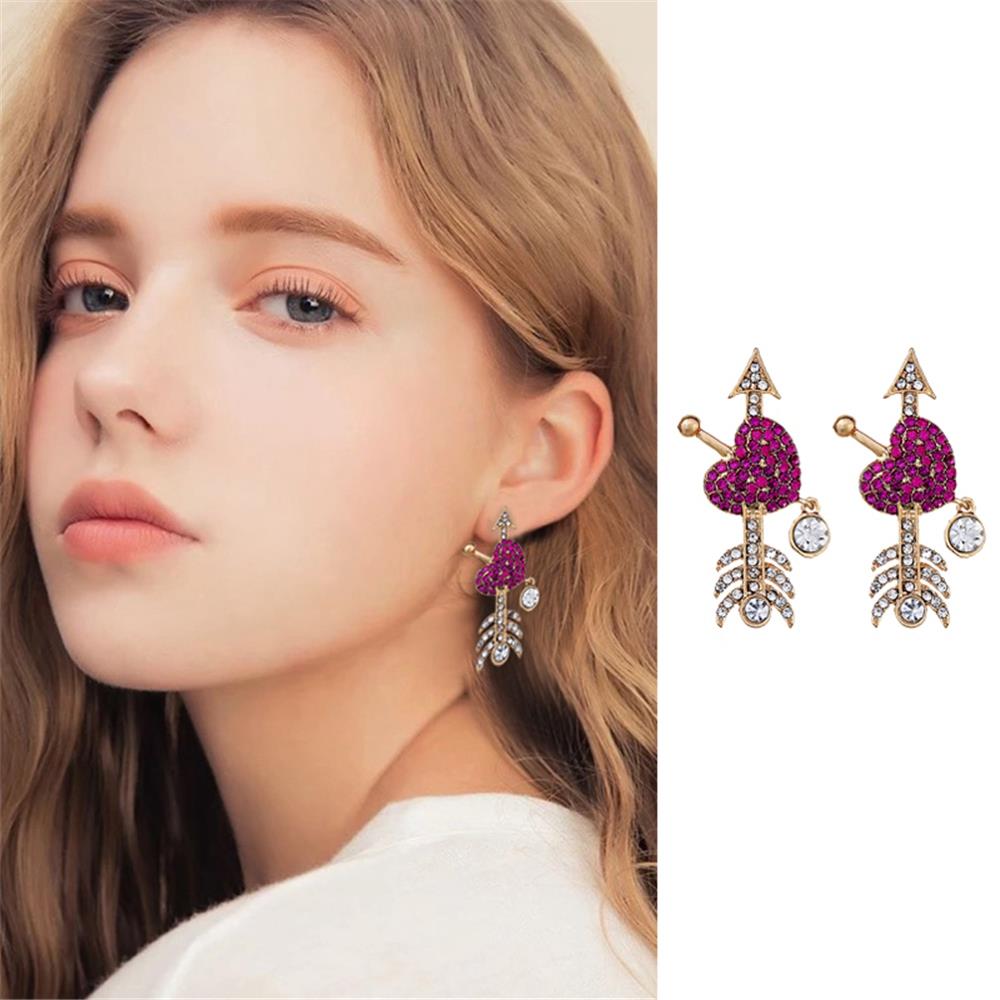 Women's Fashion Beautiful Stylish Jewelry Earrings Simple Exaggerated Heart Shaped Diamond Arrow Earrings Set - Gold