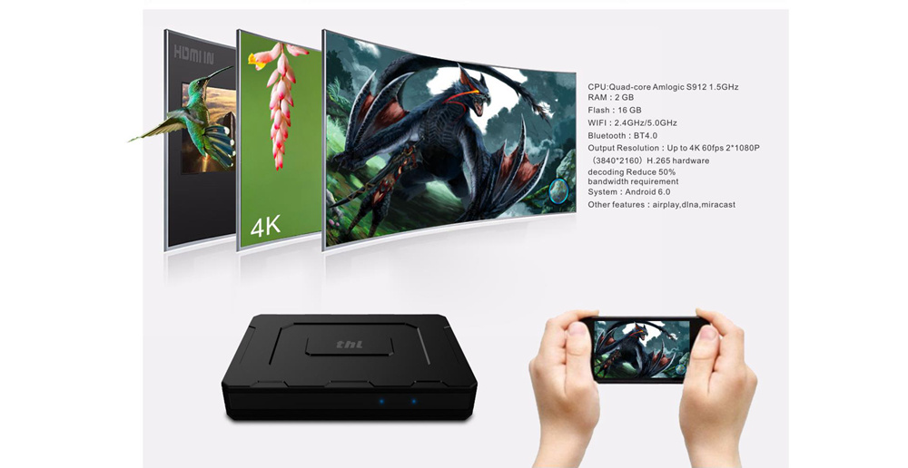 THL Super Box Wireless Storage S912 2GB/16GB Android 6.0 4K TV BOX 2.4G/5G Dual Band WIFI Bluetooth LAN SATA Port