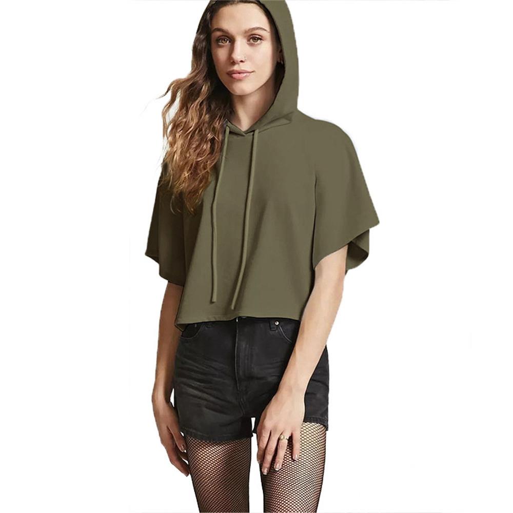 Girl Summer T-shirt Short Sleeve Sexy Hat Short Top Hoodies Size S - Green