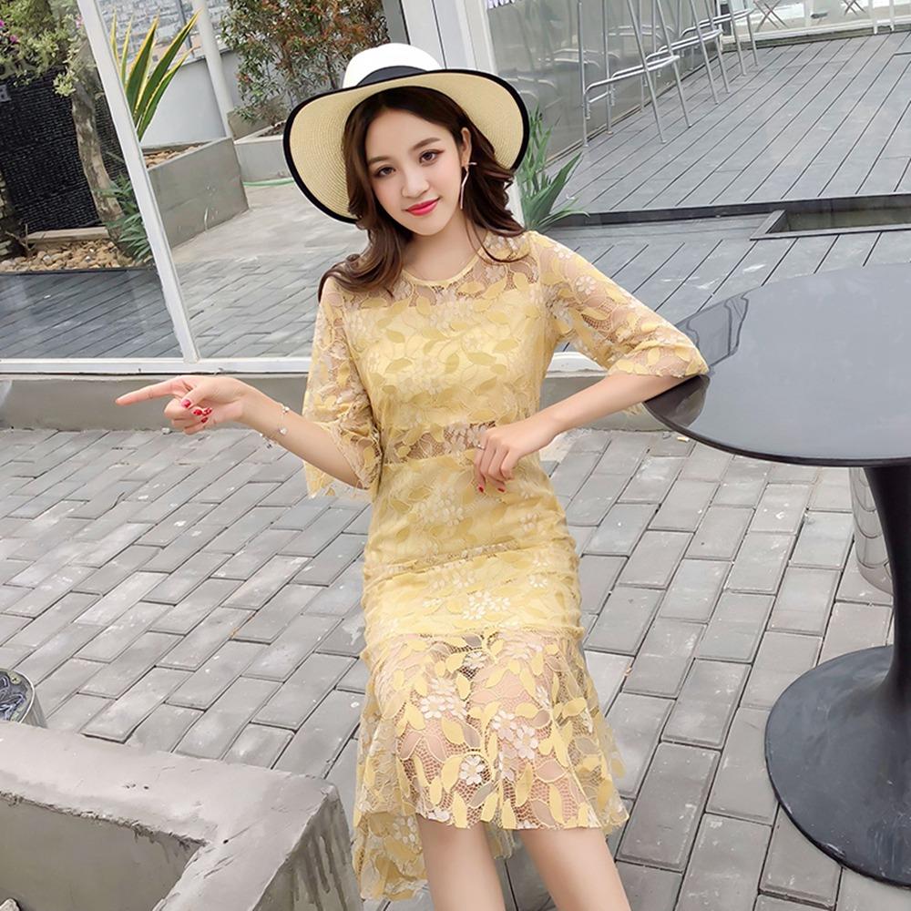 Women sexy Flare Sleeves Lace Sweet Bodycon Club Party Cocktail Dress Fishtail Skirt Size XL - Yellow