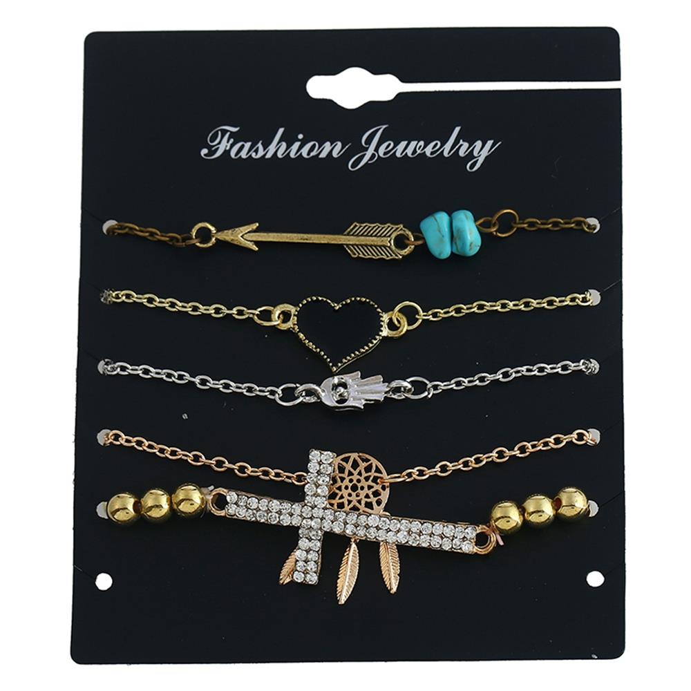Women's Fashion Beautiful Stylish Jewelry Alloy Diamond Dream Catcher Cross Heart Shape Bracelets - Gold
