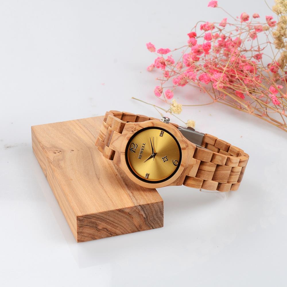 BEWELL Olive Wood Vintage Quartz Watch Leather Band Dial Plate Wristwatch Women - Yellow