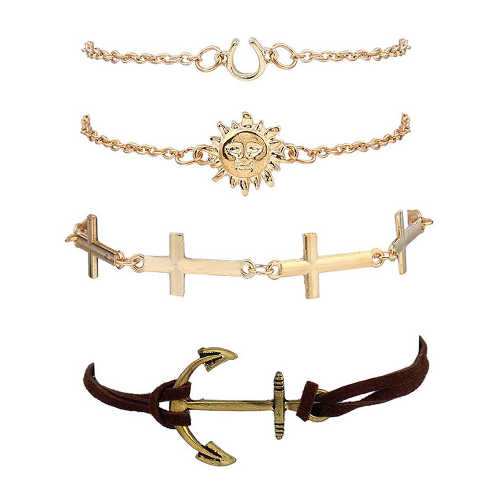 Women's Fashion Beautiful Stylish Combination Of Sun And Cross Anchor Hand Jewelry Bracelet Suit - Gold