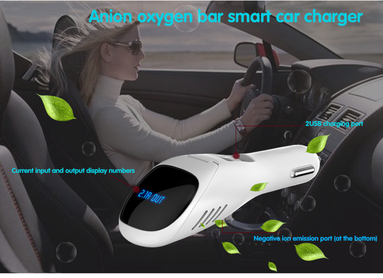 S90B Car Anion Air Purifier Dual USB Ports Car Charger LCD Real-time Voltage Screen Cleaner Ionizer Improve The Air Quality - White