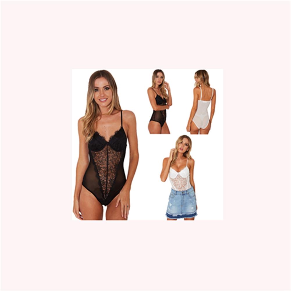 Women Sexy Fashion Lace Mesh Bodysuit Lingerie Underwear Pajamas Size L-Black