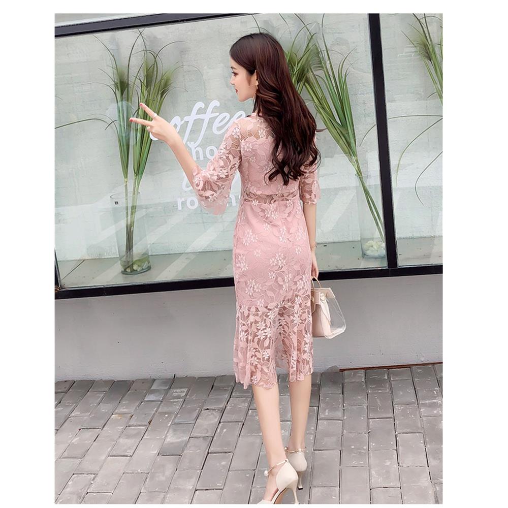 Women sexy Flare Sleeves Lace Sweet Bodycon Club Party Cocktail Dress Fishtail Skirt Size XL - Pink