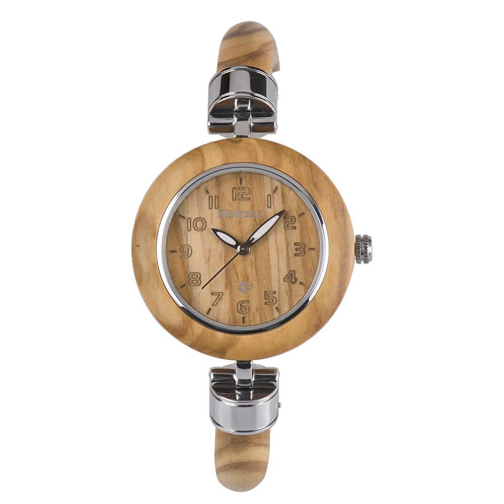 BEWELL Olive Wood Vintage Quartz Picture Color Watch Leather Band Dial Plate Wristwatch Women - Olive Wood