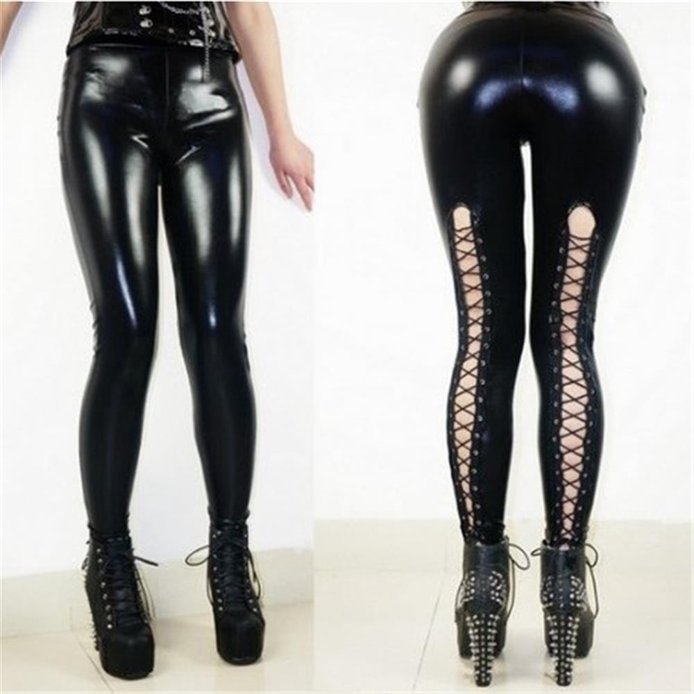 Women Sexy Patent Leather Skinny Leather Pants PU Night Ware - Black