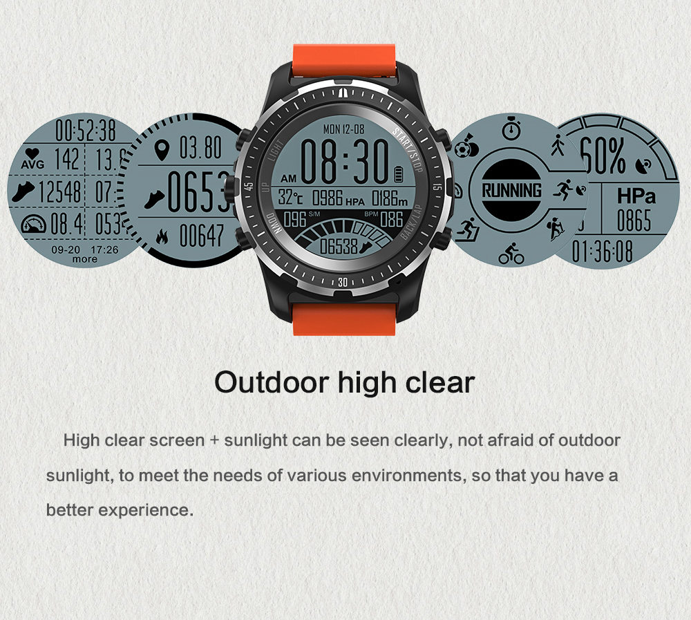 Makibes BR2 Smartwatch 1.32" Outdoor Screen Built-in GPS GLONASS Beidou Hiking Heart Rate Monitor Multi-sport fitness Tracker - Black