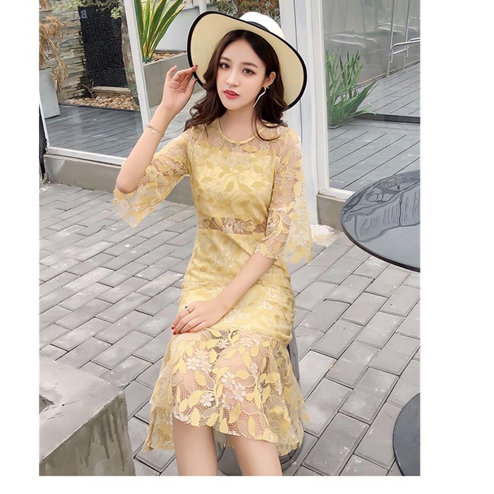 Women sexy Flare Sleeves Lace Sweet Bodycon Club Party Cocktail Dress Fishtail Skirt Size XL - Yellow