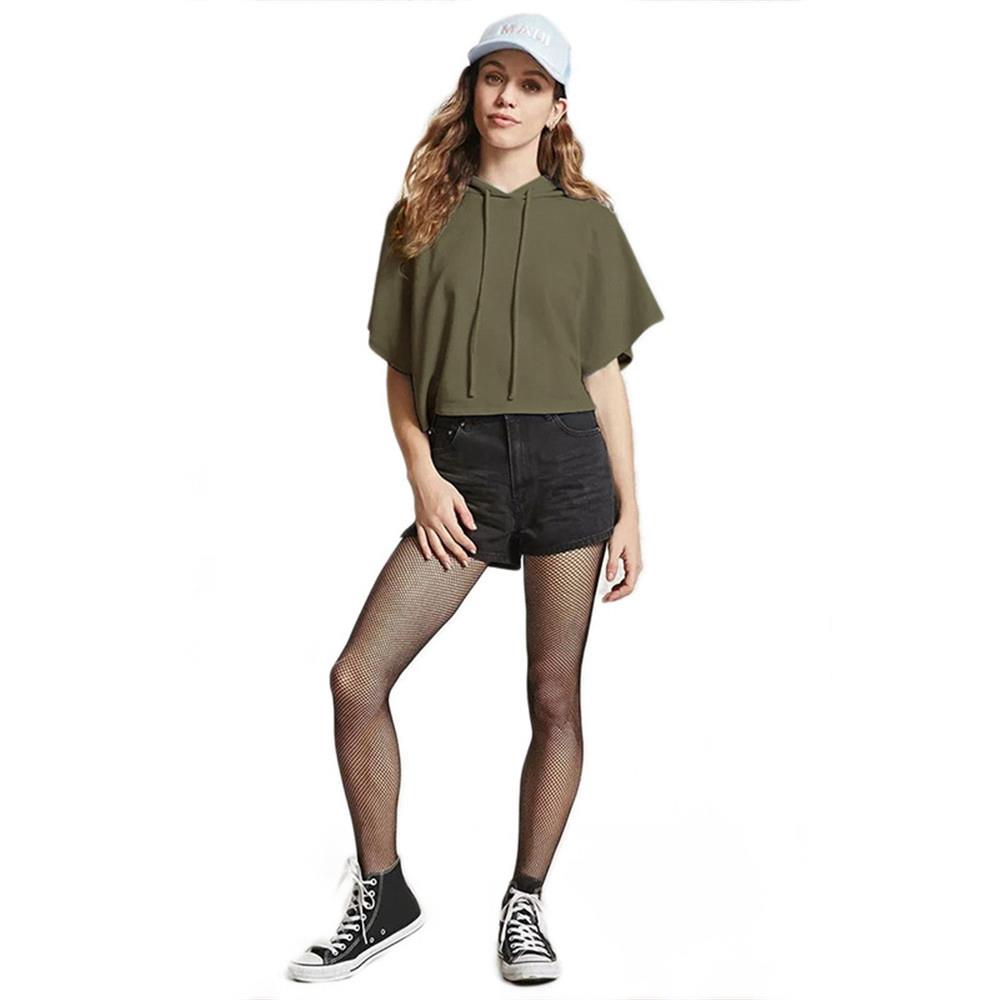 Girl Summer T-shirt Short Sleeve Sexy Hat Short Top Hoodies Size S - Green