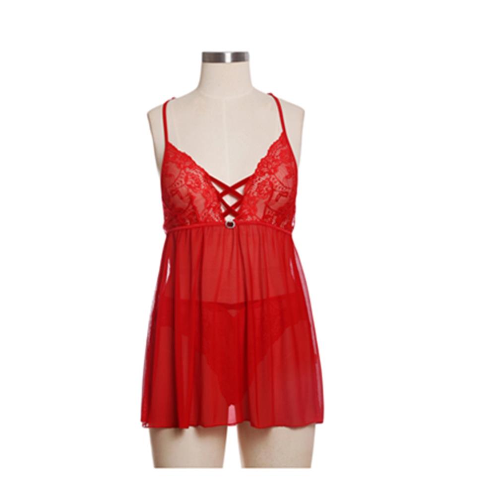 Valentine Sexy Lace Mesh Babydoll Lingerie Set Size S - Red