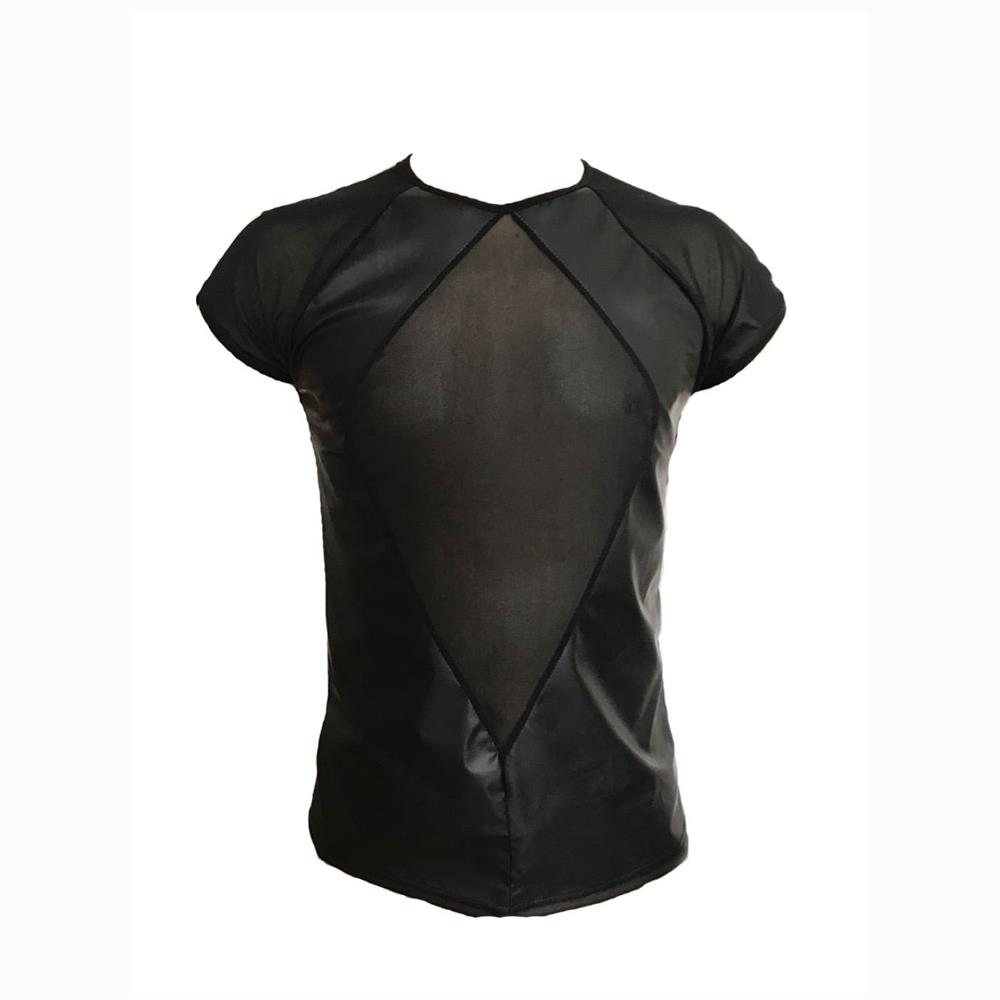 Men's Fashion Sexy Matte PU T-Shirt Nightclub Stage Costume Size L - Black