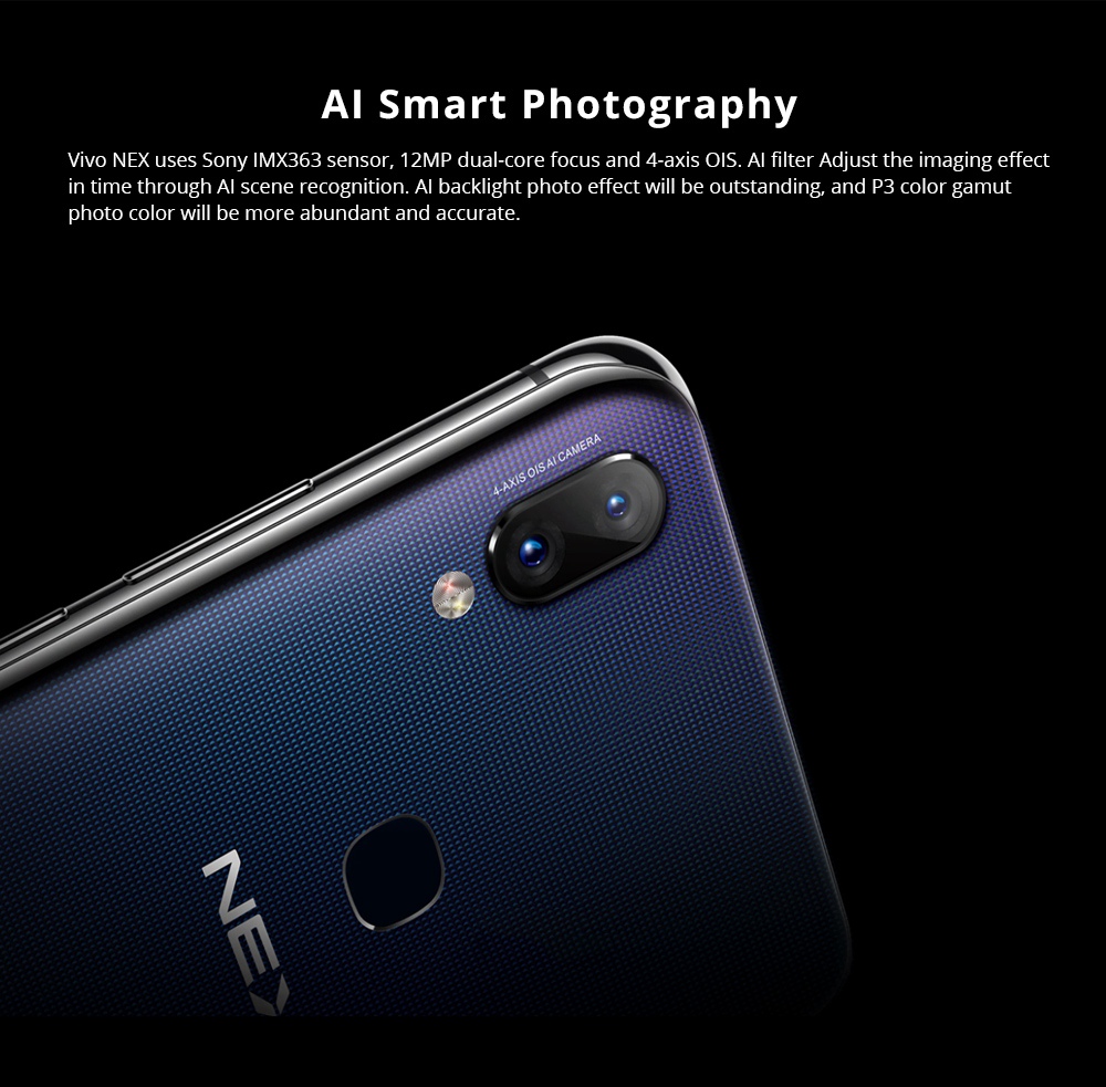 Vivo Nex 6.59 Inch 4G LTE Smartphone In-Display Fingerprint Ultra FullView Screen Snapdragon 710 6GB 128GB 12.0MP+5.0MP Dual Rear Cameras Android 8.1 Type-C Touch ID Fast Charge - Black