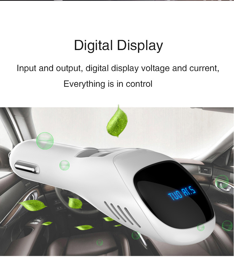 S90B Car Anion Air Purifier Dual USB Ports Car Charger LCD Real-time Voltage Screen Cleaner Ionizer Improve The Air Quality - White