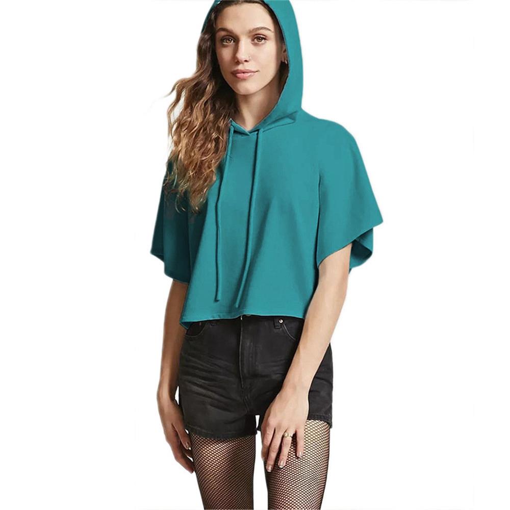 Girl Summer T-shirt Short Sleeve Sexy Hat Short Top Hoodies Size M - Lake Blue