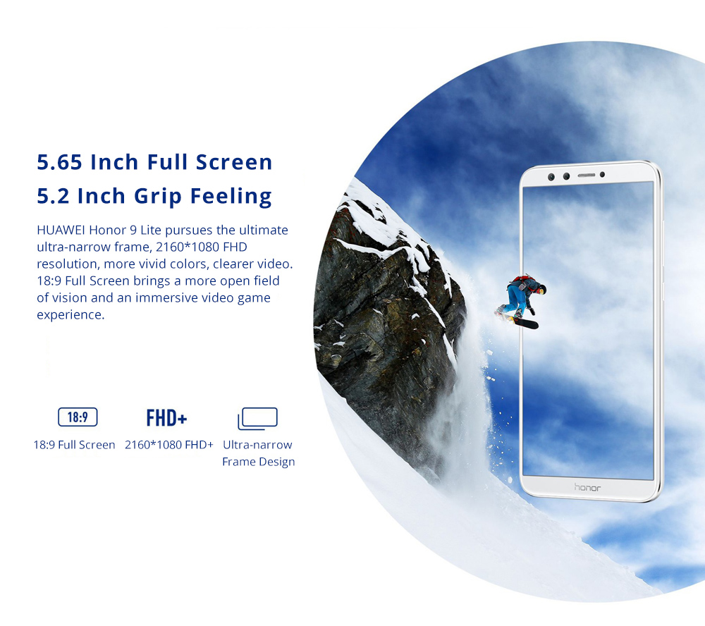 HUAWEI Honor 9 Lite 5.65 Inch Smartphone Kirin 659 3GB 32GB Dual 13MP Cameras Android 8.0 FHD+ Screen Touch ID - Black