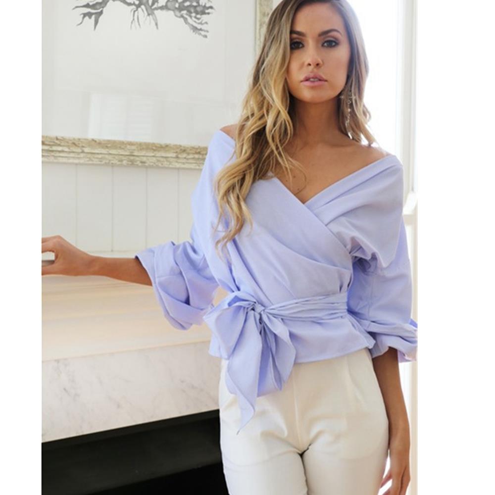 Women Sexy Strapless V-neck Cross Straps Blouse Shirt Women Summer Autumn Clothing Size L - Blue