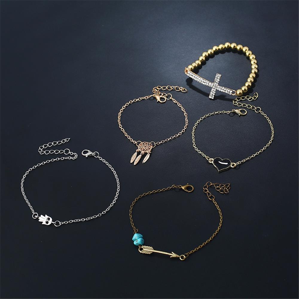 Women's Fashion Beautiful Stylish Jewelry Alloy Diamond Dream Catcher Cross Heart Shape Bracelets - Gold