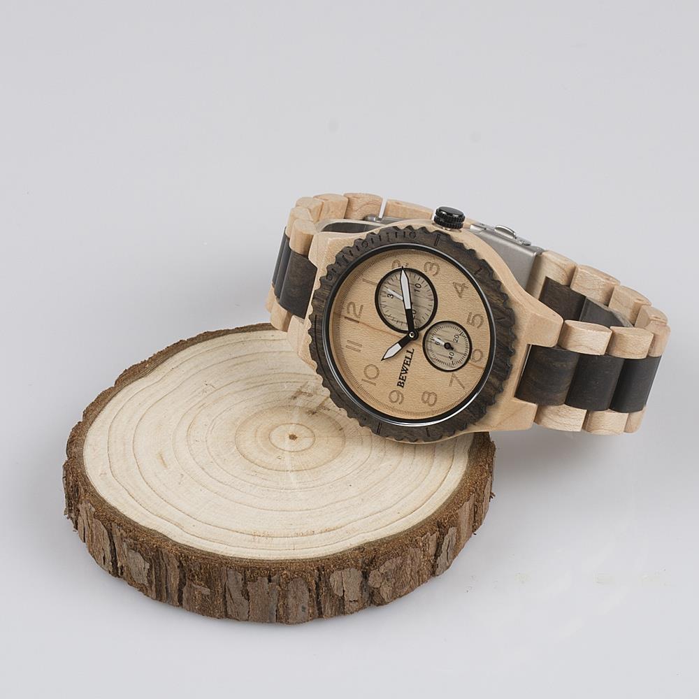 BEWELL Maple And Ebony Vintage Quartz Yellow Watch Leather Band Dial Plate Wristwatch Men Women