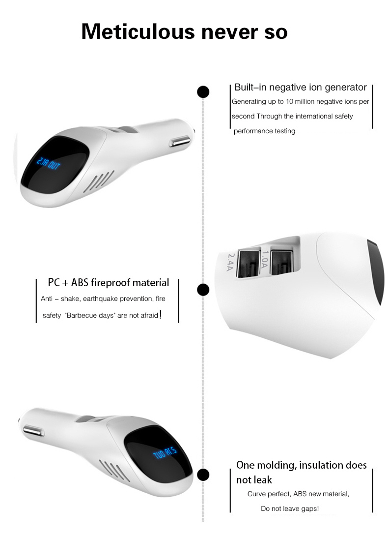 S90B Car Anion Air Purifier Dual USB Ports Car Charger LCD Real-time Voltage Screen Cleaner Ionizer Improve The Air Quality - White