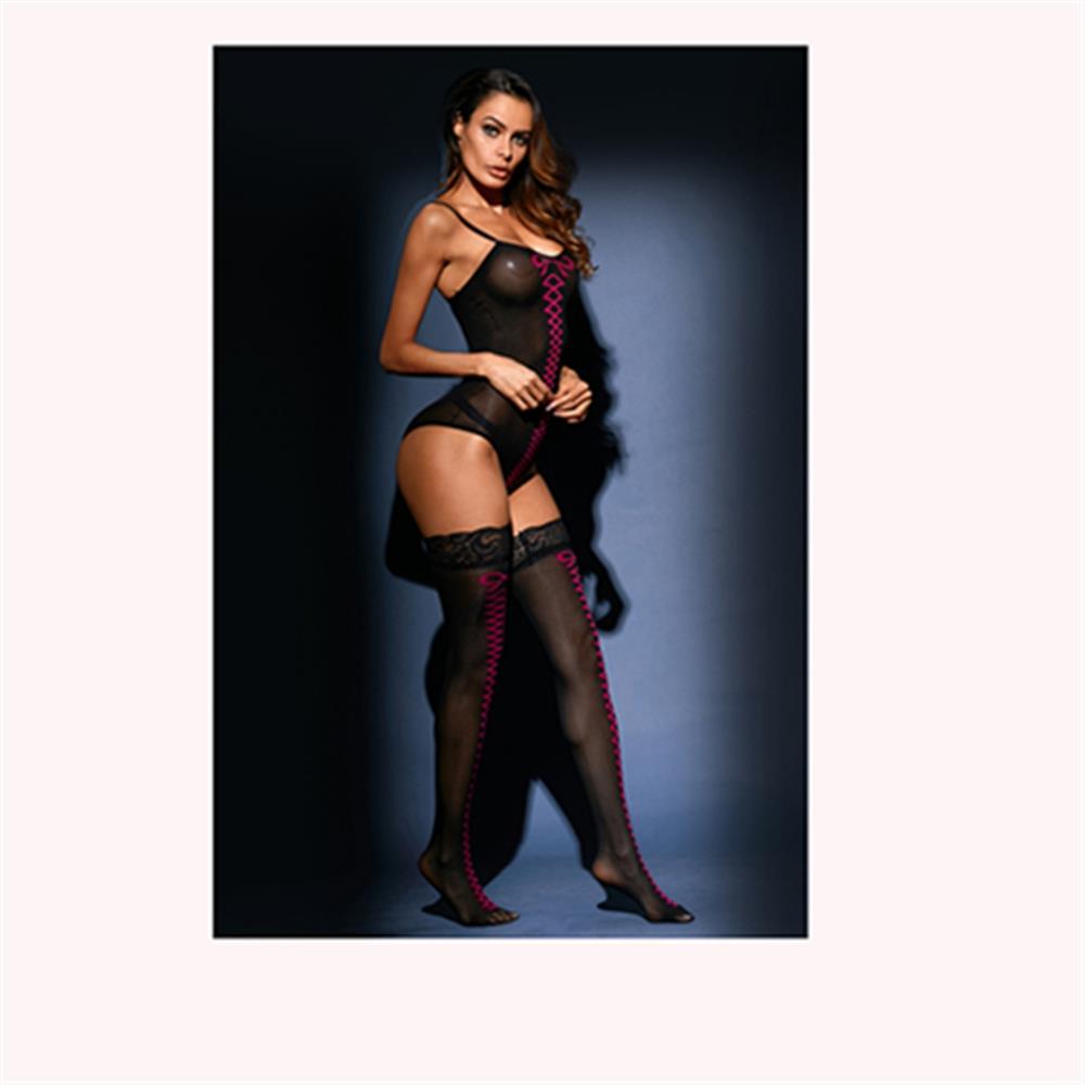 Women Sheer Mesh Crisscross Teddy and Thigh Highs Lingerie Set Size S - Black