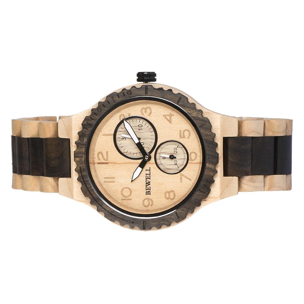BEWELL Maple And Ebony Vintage Quartz Yellow Watch Leather Band Dial Plate Wristwatch Men Women