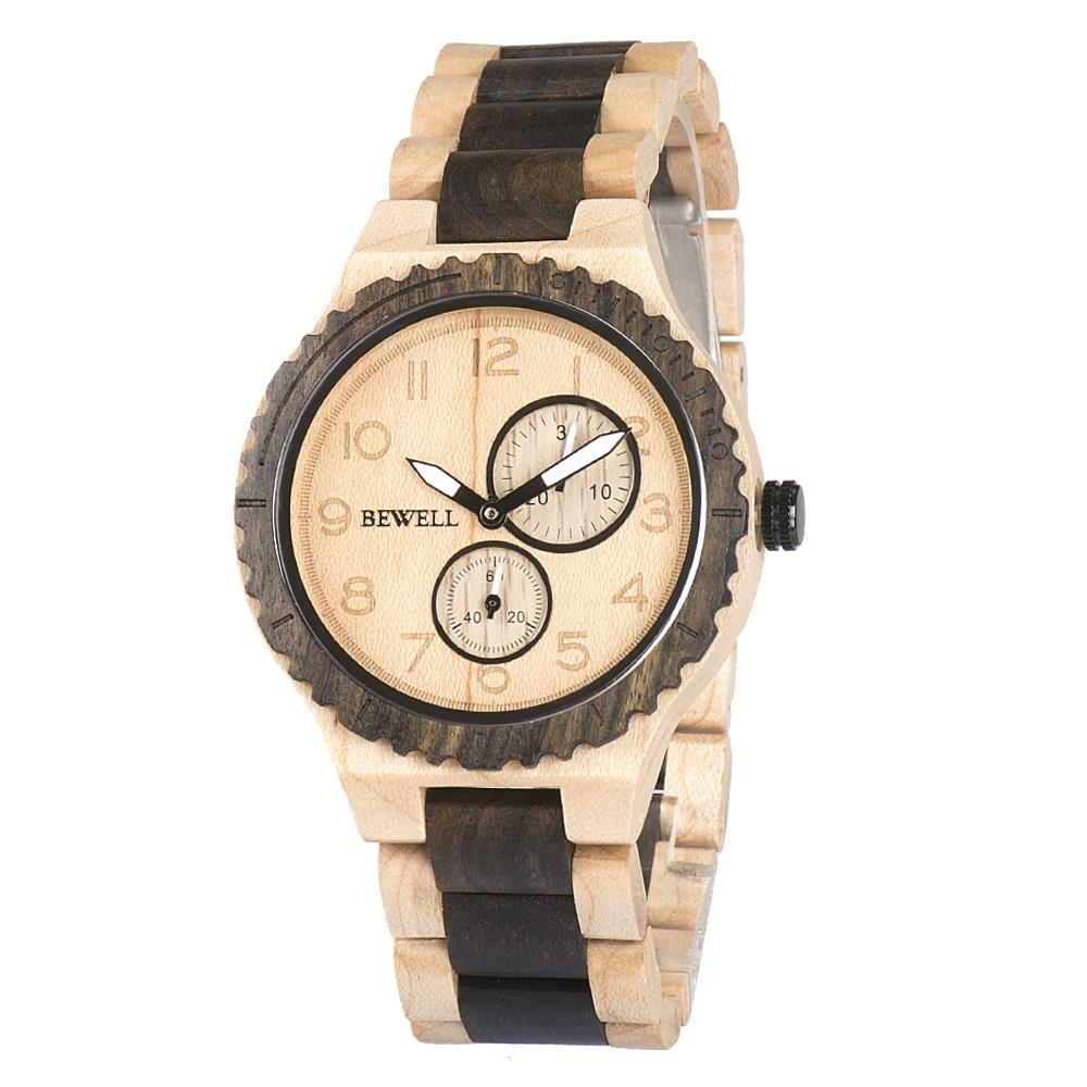 BEWELL Maple And Ebony Vintage Quartz Yellow Watch Leather Band Dial Plate Wristwatch Men Women