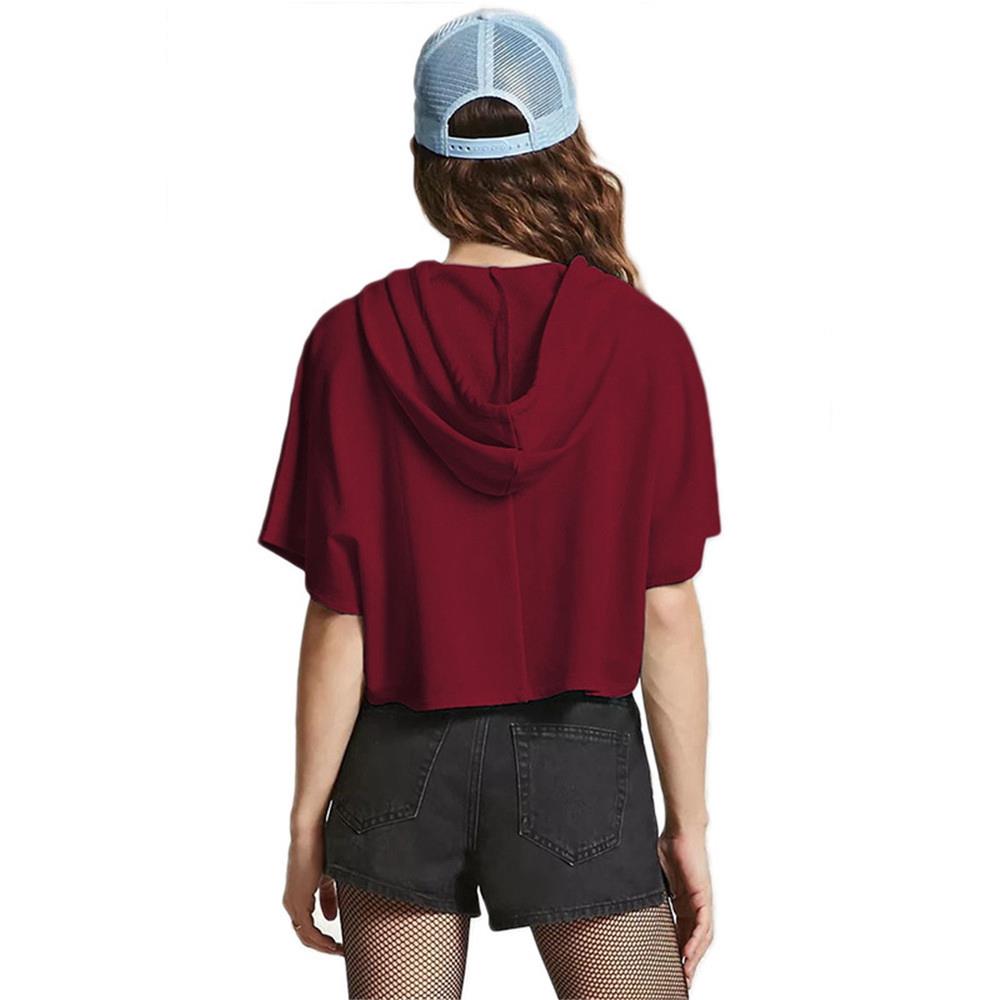 Girl Summer T-shirt Short Sleeve Sexy Hat Short Top Hoodies Size S - Dark Red