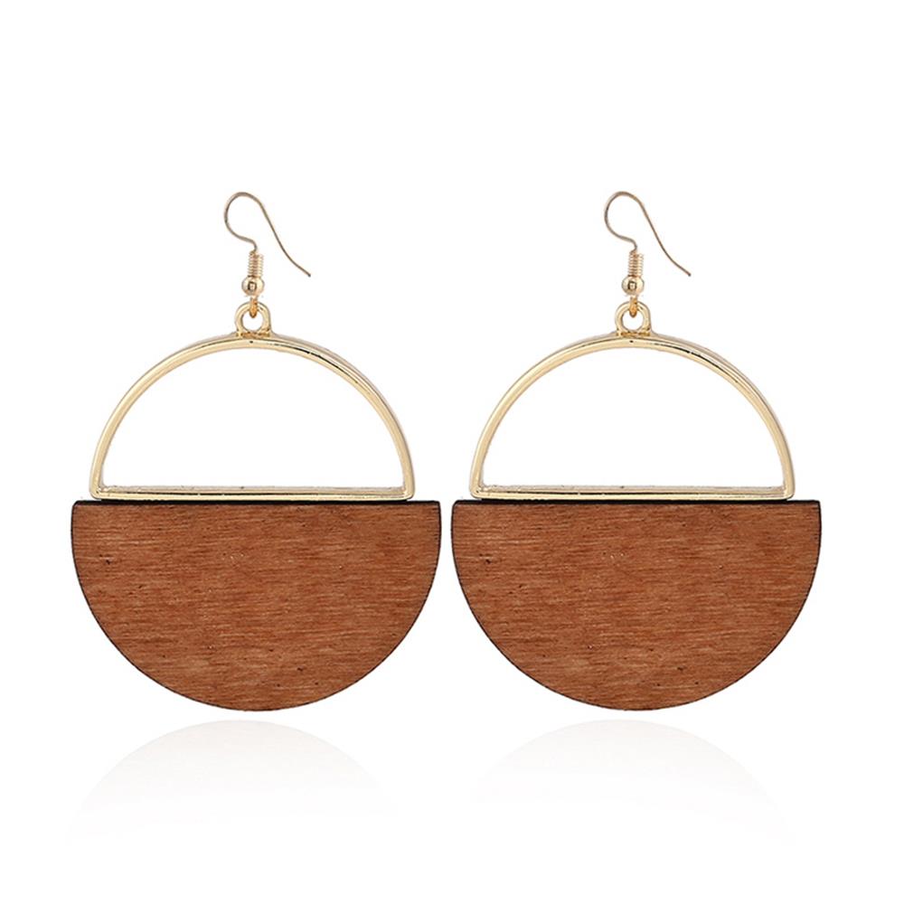 Women's Fashion Beautiful Stylish Jewelry Earrings Vintage Design Brown Wooden Round Shape Earrings Set - Gold