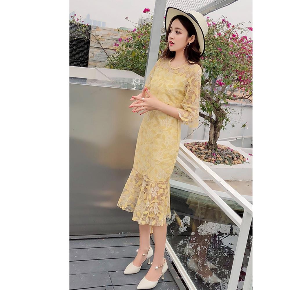 Women sexy Flare Sleeves Lace Sweet Bodycon Club Party Cocktail Dress Fishtail Skirt Size XL - Yellow