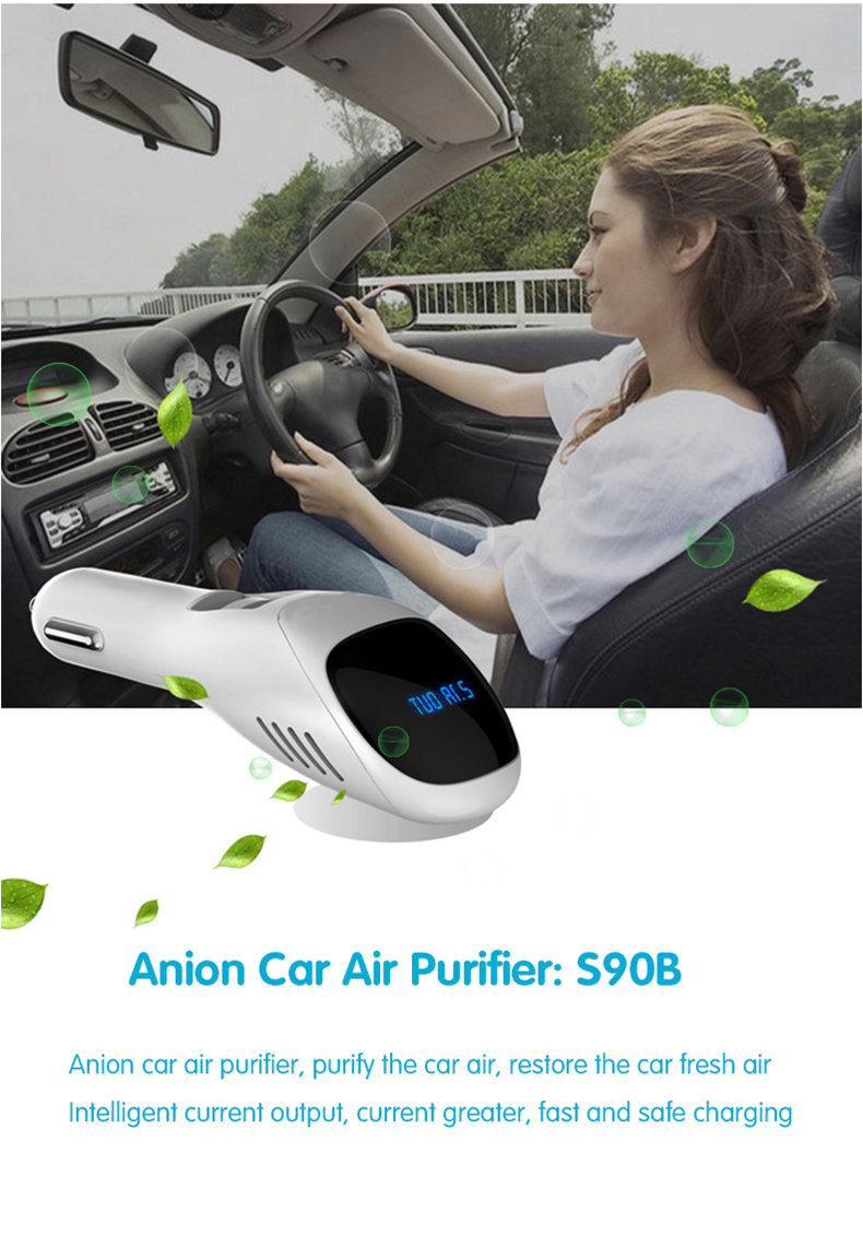 S90B Car Anion Air Purifier Dual USB Ports Car Charger LCD Real-time Voltage Screen Cleaner Ionizer Improve The Air Quality - White