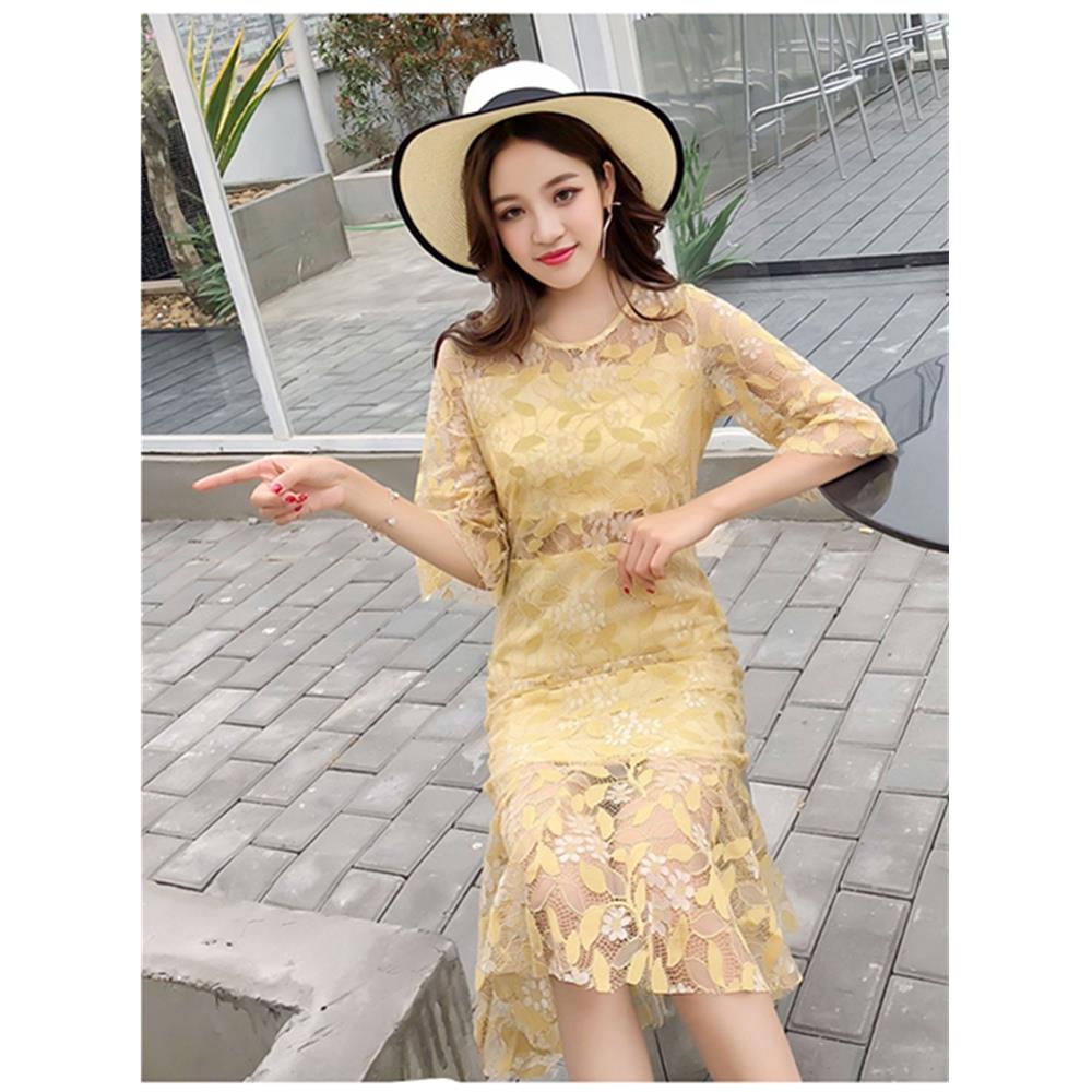 Women sexy Flare Sleeves Lace Sweet Bodycon Club Party Cocktail Dress Fishtail Skirt Size XL - Yellow