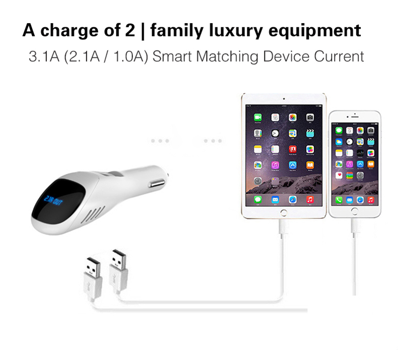 S90B Car Anion Air Purifier Dual USB Ports Car Charger LCD Real-time Voltage Screen Cleaner Ionizer Improve The Air Quality - White