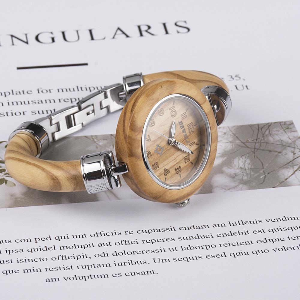 BEWELL Olive Wood Vintage Quartz Picture Color Watch Leather Band Dial Plate Wristwatch Women - Olive Wood