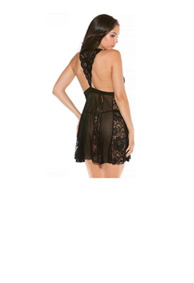 Sheer Stretch Lace Underwear for Woman and Net Open Back Babydoll Size S - Black