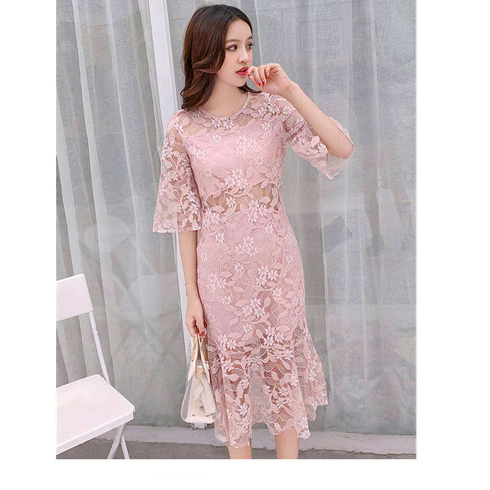 Women sexy Flare Sleeves Lace Sweet Bodycon Club Party Cocktail Dress Fishtail Skirt Size XL - Pink