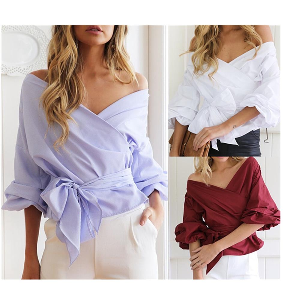 Women Sexy Strapless V-neck Cross Straps Blouse Shirt Women Summer Autumn Clothing Size L - Blue