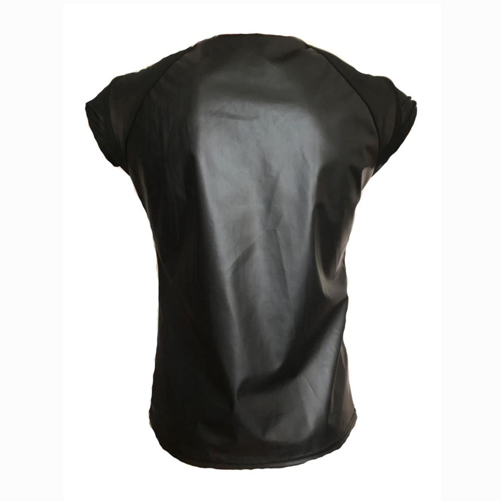 Men's Fashion Sexy Matte PU T-Shirt Nightclub Stage Costume Size L - Black