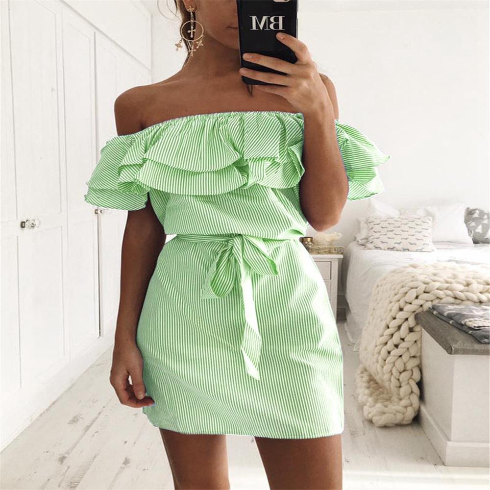 Women's Fashion Summer Sexy Off Shoulder Ruffle Stripe Printed Dress Size XXL - Green