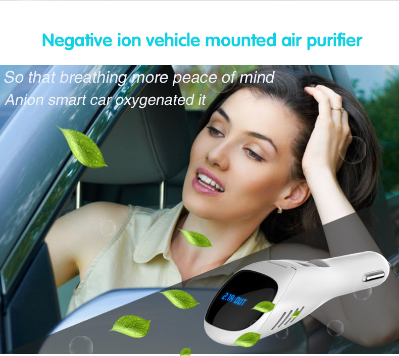 S90B Car Anion Air Purifier Dual USB Ports Car Charger LCD Real-time Voltage Screen Cleaner Ionizer Improve The Air Quality - White