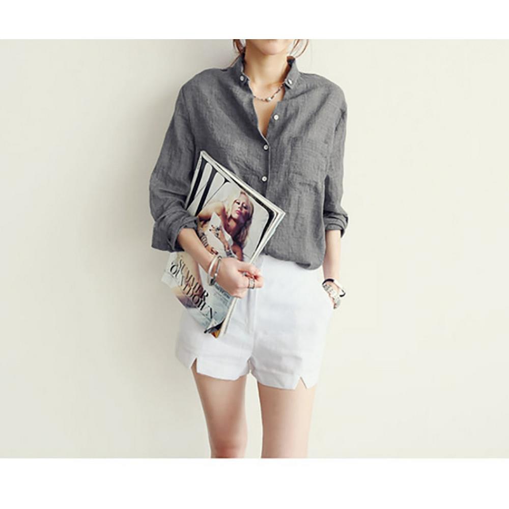 New Fashion Women Cotton Long Sleeved Solid Casual Loose Shirt Size M - Gray