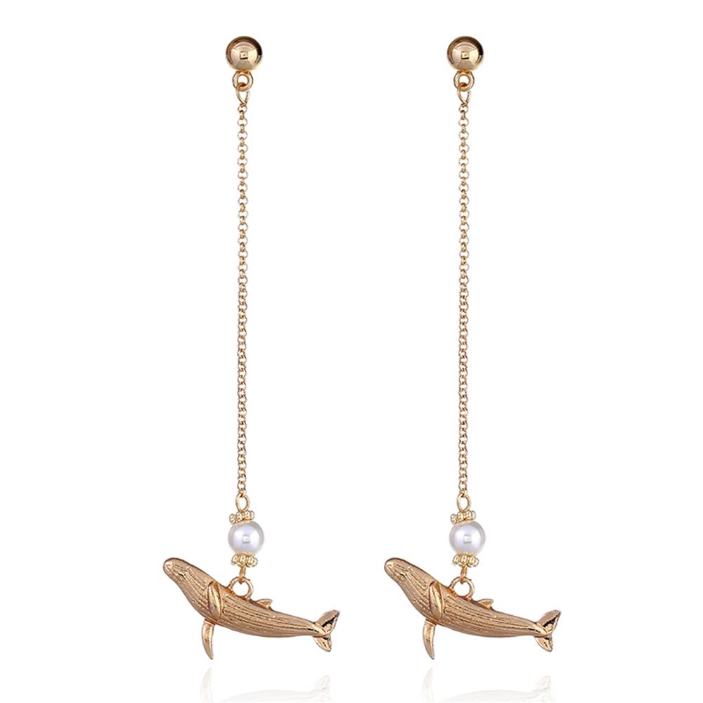 Women's Fashion Beautiful Stylish Jewelry Earrings Simple Long Thin Chain Pearl Dolphin Pendant Earrings Set - Gold
