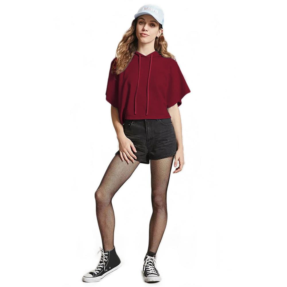 Girl Summer T-shirt Short Sleeve Sexy Hat Short Top Hoodies Size M - Dark Red